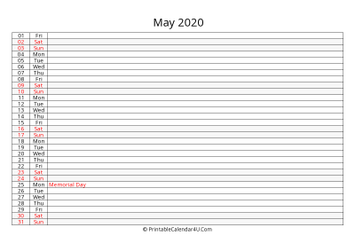 lined calendar may 2020