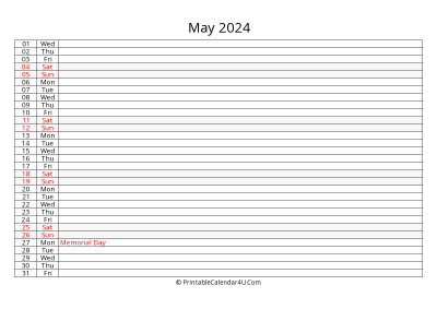 lined calendar may 2024