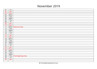 lined calendar november 2019