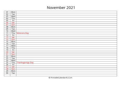 lined calendar november 2021