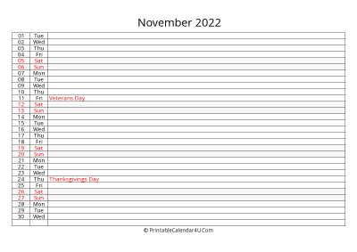 lined calendar november 2022