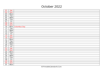 lined calendar october 2022