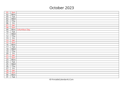 lined calendar october 2023
