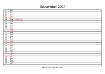 lined calendar september 2021