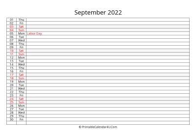 lined calendar september 2022