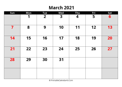 march 2021 editable calendar with large font size