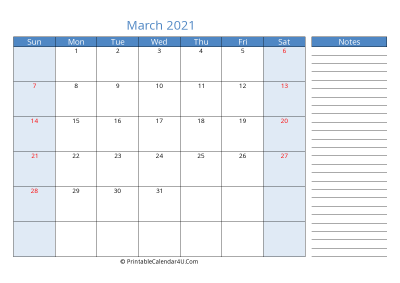march 2021 printable calendar with us holidays, sunday start, side notes, landscape, letter