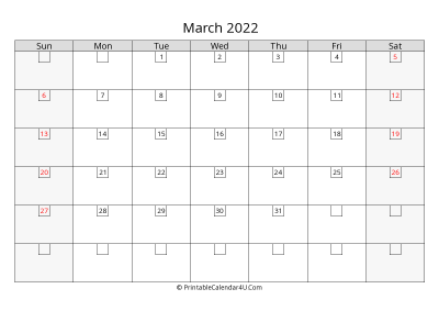 march 2022 calendar with days in box