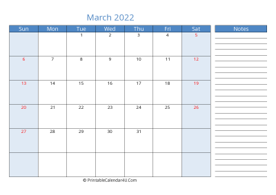 march 2022 printable calendar with us holidays, sunday start, side notes, landscape, letter