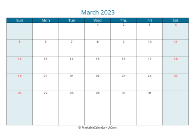 march 2023 calendar printable with us holidays, sunday start, landscape, letter paper size