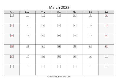 march 2023 calendar with days in box