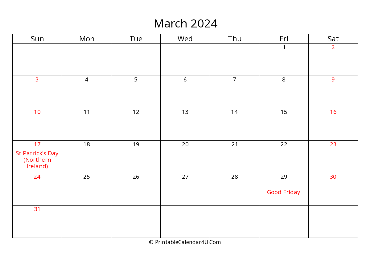 March 2024 Calendar Printable with UK Bank Holidays, week start on