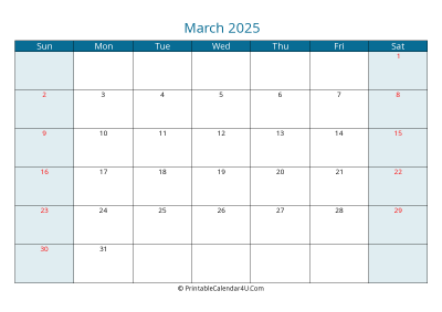 march 2025 calendar printable with us holidays, sunday start, landscape, letter paper size