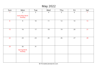 may 2022 calendar printable with uk bank holidays
