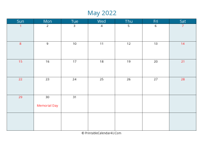 may 2022 calendar printable with us holidays, sunday start, landscape, letter paper size