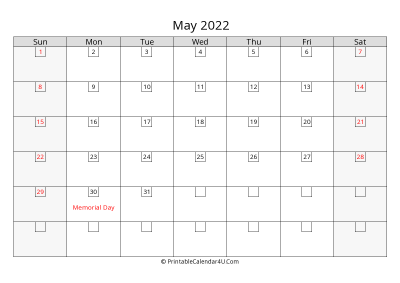 may 2022 calendar with days in box