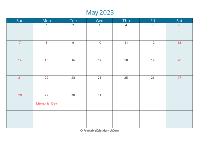 may 2023 calendar printable with us holidays, sunday start, landscape, letter paper size