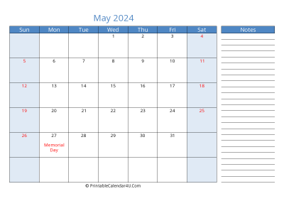 may 2024 printable calendar with us holidays, sunday start, side notes, landscape, letter