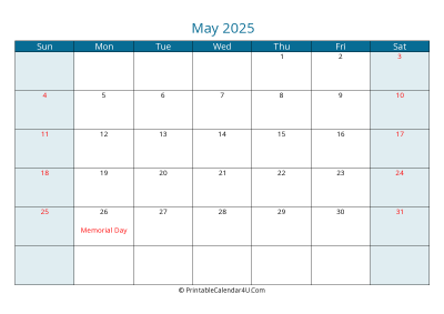 may 2025 calendar printable with us holidays, sunday start, landscape, letter paper size