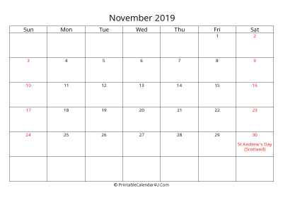 november 2019 calendar printable with uk bank holidays