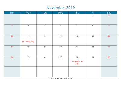 november 2019 calendar printable with us holidays, sunday start, landscape, letter paper size