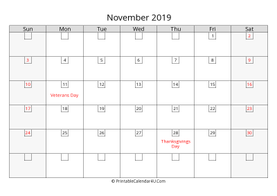 november 2019 calendar with days in box