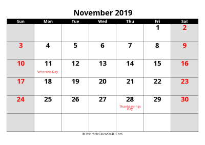 november 2019 editable calendar with large font size
