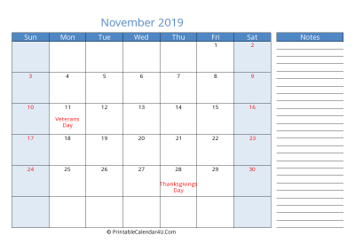 november 2019 printable calendar with us holidays, sunday start, side notes, landscape, letter