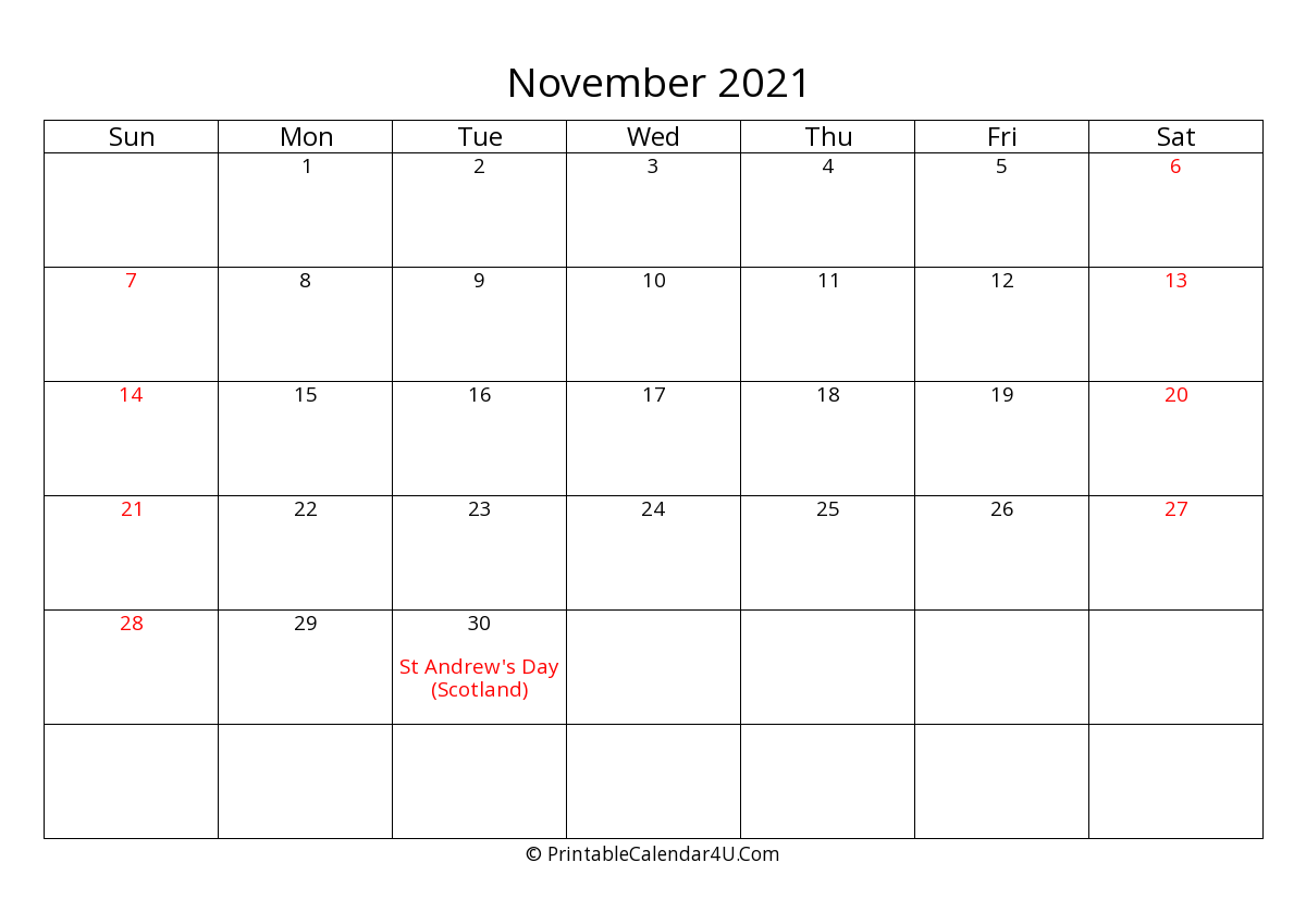 November 2021 Calendar Printable with UK Bank Holidays, week start on