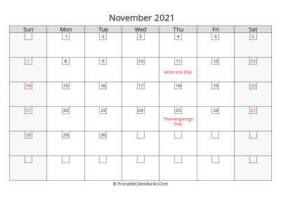 november 2021 calendar with days in box