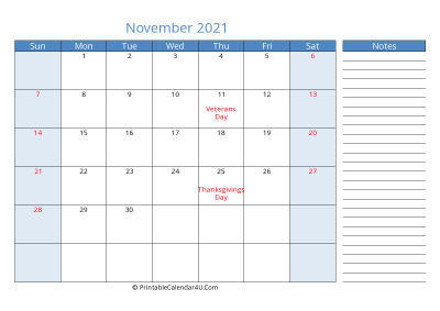 november 2021 printable calendar with us holidays, sunday start, side notes, landscape, letter