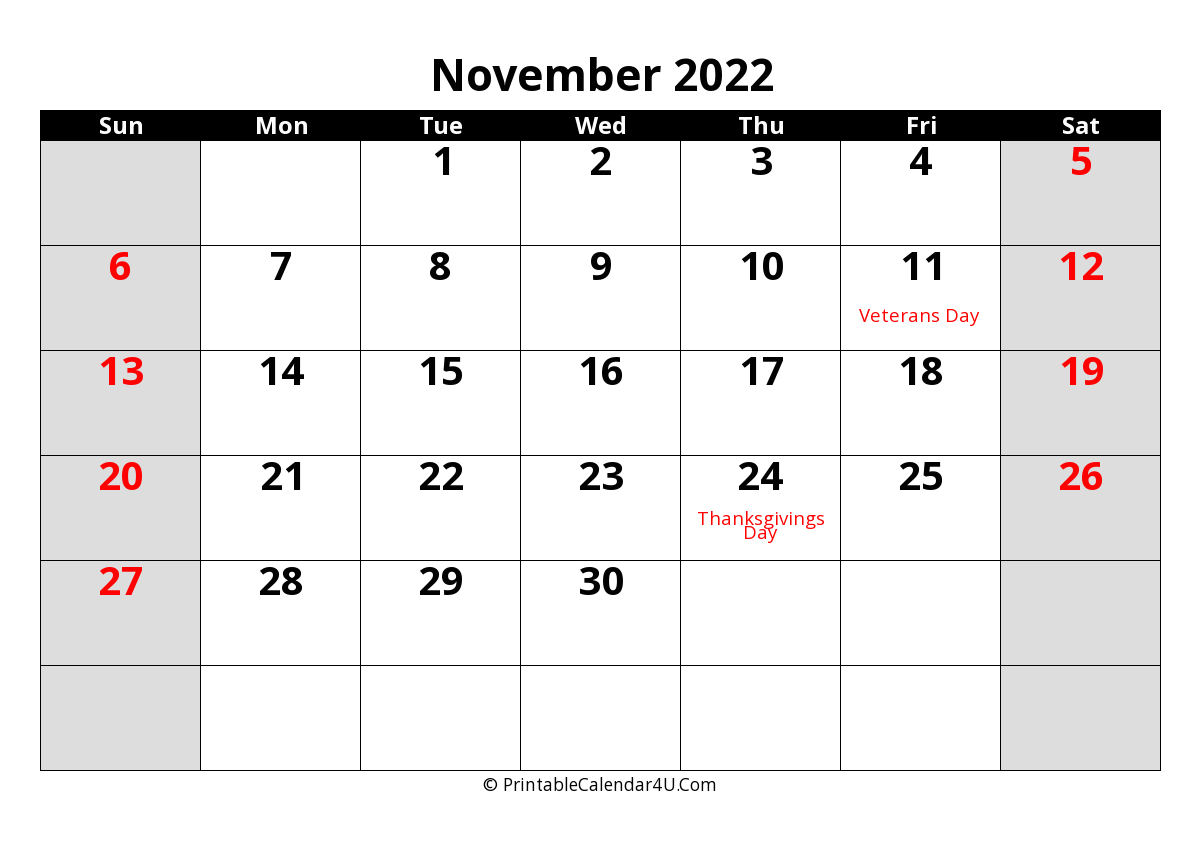 November 2022 Editable Calendar November 2022 Editable Calendar With Large Font, Us Holidays, Week Start On  Sunday (Landscape, Letter Paper Size)
