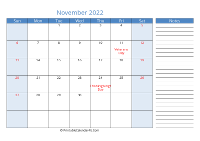 november 2022 printable calendar with us holidays, sunday start, side notes, landscape, letter