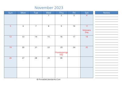 november 2023 printable calendar with us holidays, sunday start, side notes, landscape, letter