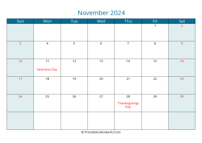 november 2024 calendar printable with us holidays, sunday start, landscape, letter paper size