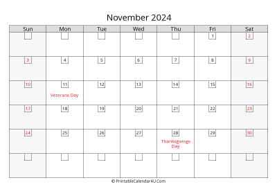 november 2024 calendar with days in box