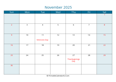 november 2025 calendar printable with us holidays, sunday start, landscape, letter paper size