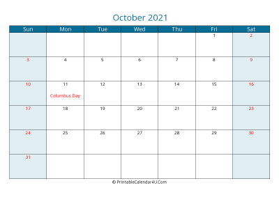october 2021 calendar printable with us holidays, sunday start, landscape, letter paper size