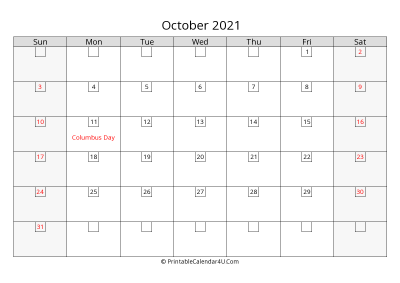october 2021 calendar with days in box