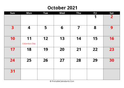 october 2021 editable calendar with large font size