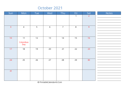 october 2021 printable calendar with us holidays, sunday start, side notes, landscape, letter