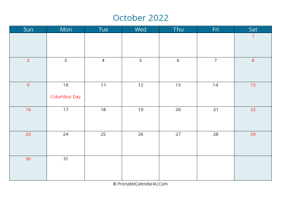 october 2022 calendar printable with us holidays, sunday start, landscape, letter paper size