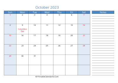 october 2023 printable calendar with us holidays, sunday start, side notes, landscape, letter