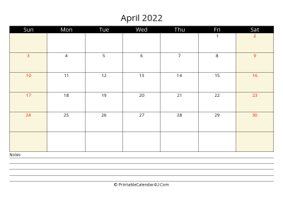 printable april calendar 2022 with us holidays,sunday start, notes at bottom, landscape, letter