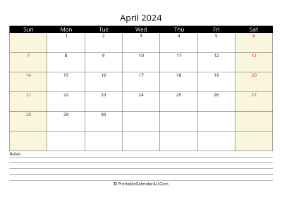 printable april calendar 2024 with us holidays,sunday start, notes at bottom, landscape, letter