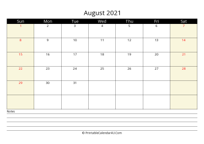 printable august calendar 2021 with us holidays,sunday start, notes at bottom, landscape, letter