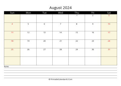 printable august calendar 2024 with us holidays,sunday start, notes at bottom, landscape, letter