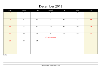 printable december calendar 2019 with us holidays,sunday start, notes at bottom, landscape, letter