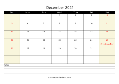 printable december calendar 2021 with us holidays,sunday start, notes at bottom, landscape, letter