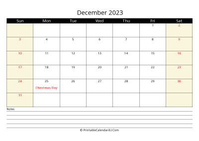 printable december calendar 2023 with us holidays,sunday start, notes at bottom, landscape, letter